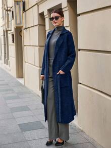 EURMUSE Maxi Cardigan With Belt Outwear Jacket Fall Winter - Navy Blue - View 8