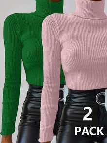 SHEIN Cottnline 2 قطعة/عبوة كنزة صوفية نسائية ذات ياقة طويلة الأكمام عالية الرقبة، متعددة الأنماط - متعدد الألوان - مشاهدة 6