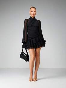 MISSGUIDED Halter Neck Long Sleeve Mini Dress With Tiered Ruffle Details And Sheer Chiffon Fabric For Party Evening Occasions - Black - View 4