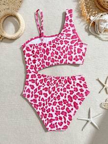 少女镂空腰部连体泳衣，豹纹印花，适合海滩度假 - 彩色 - 查看 3