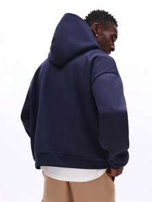 SUMWON 男士宽松版型拉链连帽衫，带抽绳帽和贴边口袋，休闲街头风 - 藍色 - 查看 2