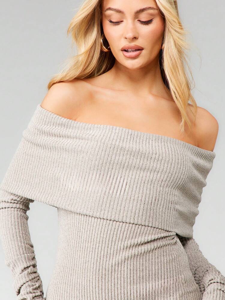 MISSGUIDED Off-Shoulder gestricktes Maxikleid mit langen Ärmeln, gerippter Bodycon-Passform für festliche Anlässe im Winter und Herbst