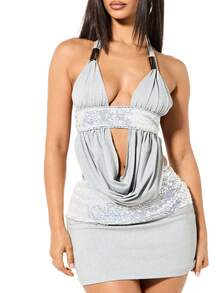 SUMWON WOMEN Bộ trang phục hai mảnh phối đồ áo hở cổ chữ V và chân váy mini ôm sát bằng vải Jersey sequin - Xám - Xem 1