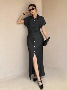 SHEIN Tall Women's Four Seasons Chic Elegant Casual Party Bat Sleeve Single-Breasted Pleated Fitted Casual Denim Dress - Black - View 8