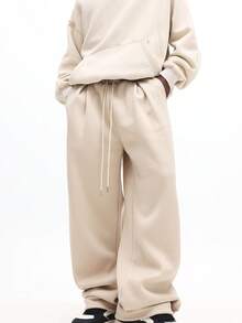 SUMWON Pantalones de chándal de pierna ancha con pliegues, ajuste relajado, pantalones de estar por casa con cordón en la cintura, uso casual diario, estilo de calle, cómodos y lisos - Albaricoque - Ver 4
