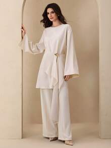 Graceveil Áo sơ mi nữ dài tay thiết kế bất đối xứng khóa kim loại viền bèo nhún - Màu be - Xem 9