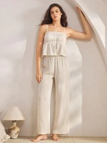 Ocili 休闲舒适天然亚麻柔软条纹吊带背心和裤子睡衣套装，别致的秋季 - 米色 - 查看 7