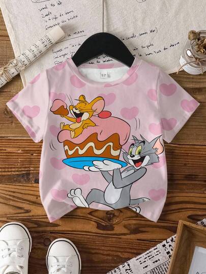 TOM & JERRY X SHEIN Young Girl Cute Cartoon Heart Print Short Sleeve T-Shirt, Casual Daily Commute