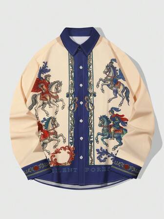 Street Life Camicia a maniche lunghe da uomo con stampa cavaliere e colori a contrasto