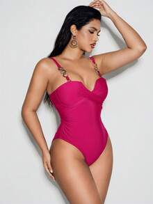 Shapewave Traje de baño de una pieza sexy y de moda para mujer en color magenta, con tirantes ajustables y extraíbles, acolchado, con tirantes cruzados y decoración de cadena de cristales - Rojo violeta - Ver 4