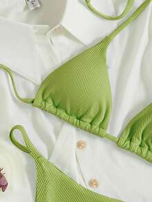 SHEIN Swim 2026 Spring/Summer Women's Vacation Special Fabric Spaghetti Strap Halter Green Sexy Thong Bikini 2 Pieces Swimsuit - Lime Green - View 3