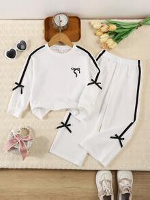 Elladie kids 2pcs/Set Young Girl Purple Bowknot Sweatshirt & Pants Casual Sports Outfit, Autumn - White - View 5