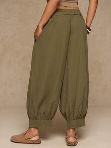 Freevana 大码休闲宽松灯笼裤，带口袋，女士长款纯棉裤 - 軍綠色 - 查看 2