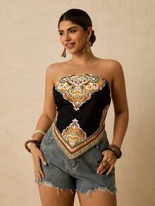 Travachic 大码女式简约热带印花吊带背心，休闲海滩度假风 - 黑色和金色 - 查看 6