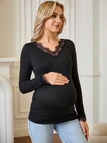 SHEIN Pregnant Women's Contrast Lace V-Neck Long Sleeve Fashionable Nursing Top Lingerie Lingerie Set Underwear Women Pajama Pajama Dress Loungewear Nightgown Robe Sleepwear Sleepwear Set Tank Top With Bra - Black - View 6