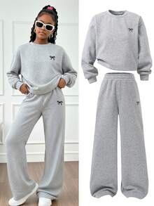 SHEIN 青少年女孩休闲基本款百搭日常校园运动街头水洗雪花花卉印花圆领短款宽松运动衫 + 阔腿裤套装 - 灰色 - 查看 3