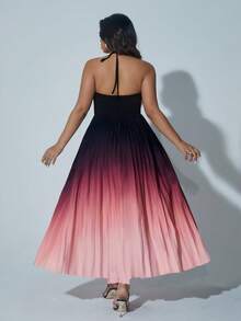 Viva Relle Plus Size Women Elegant Ombre Halter Neck Pleated Dress - Black - View 2