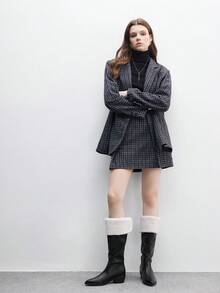 CUCCOO BIZCHIC 女士仿皮尖头粗跟中筒靴，毛绒饰边设计，时尚百搭黑色靴子，适合日常、通勤、购物、下午茶、圣诞节、万圣节等场合。 - 黑色 - 查看 6