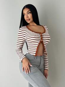 SHEIN SXY Casual Striped Long Sleeve Women Tops,Autumn,Off-White,Seksi Chic,Night Out, Crop Sweater Top,Winter,Thanksgiving For Women,Fall,Stripe - Multicolor - View 8