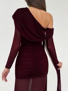 Aloruh 女士紫色褶皱雪纺连衣裙，垂肩设计 - 紫色 - 查看 4