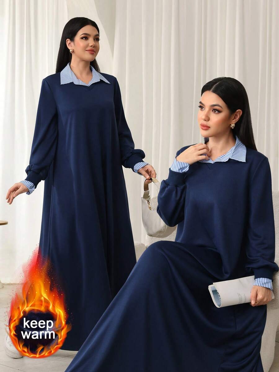 SHEIN Najma 女士条纹衬衫领长袖喇叭下摆连衣裙 - 藏蓝色 - 查看 1