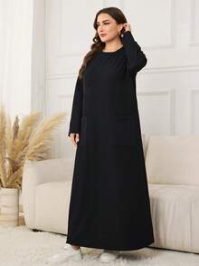 Lacomfia Plus Size Women Casual Loose Textured Fabric Patchwork Pocket Dress - Black - View 4