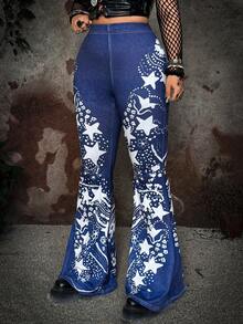 Whyspr Fall Autumn And Winter Retro Romantic Floral Print Slim Fit Flare Pants - Blue - View 7
