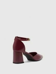 Tacones altos de mujer versátiles para la oficina y el día a día, de punta afilada, tacón grueso, color burdeos, con diseño sexy - Burdeos - Ver 7