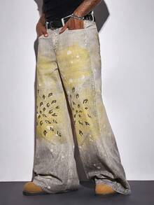 ROMWE MEN Street Life Men's Casual Printed Flare Jeans - Blue - View 1