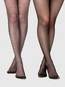ROMWE Grunge Punk 1双简约黑色丝袜+1双可爱波点丝袜，2双日常百搭基础款连裤袜组合，性感超薄弹力丝袜 - 黑色 - 查看 1