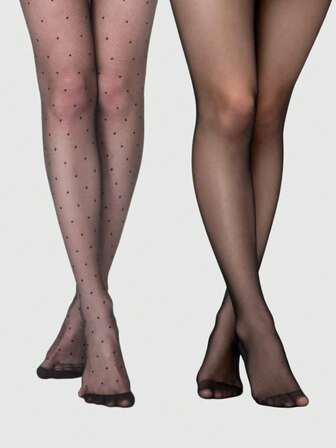 Grunge Punk 1 paio di calze nere minimaliste + 1 paio di calze a pois carini, 2 paia di collant versatili di base per uso quotidiano, calze ultra sottili ed elastiche sexy