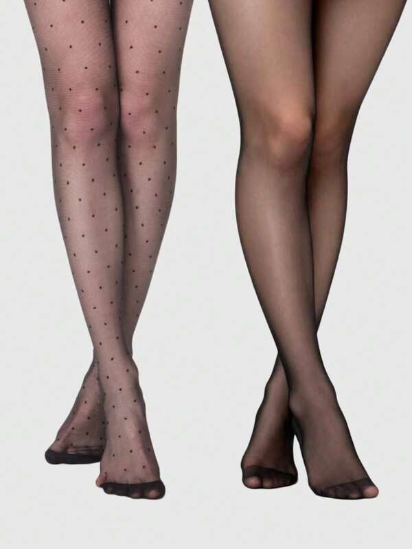 ROMWE Grunge Punk 1双简约黑色丝袜+1双可爱波点丝袜，2双日常百搭基础款连裤袜组合，性感超薄弹力丝袜