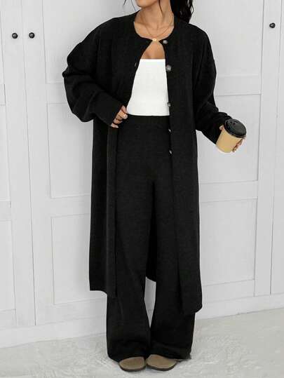 SHEIN EZwear Women's Casual Solid Color Long Sleeve Button Cardigans,Fall,Fall Clothes For Women,Winter Clothes For Women