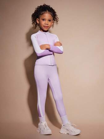 SHEIN Young Girls Active Jacket & Leggings Set, Multi-Color Patchwork, High Stretch Fabric, Suitable For Homewear, Workout, Fitness, Outdoor Running, Cycling