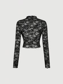 SHEIN MOD 两件装女士蕾丝透视长袖红黑上衣 - 紅色和黑色 - 查看 5