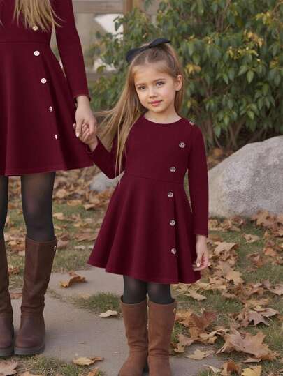 Emery Rose Kids Emery Rose Kids Tween Girls &Young Girls' Elegant Casual Round Neck Pullover Split Design Mid-Length Dress, Suitable For School, Daily Casual Wear, Autumn/Winter Girls Dresses With Buttons Long Sleeve Girls Dress Burgundy Tween Girl Dress Autumn Dress Tween Girl Tween Fall Dress Christmas Dress New Year Dress