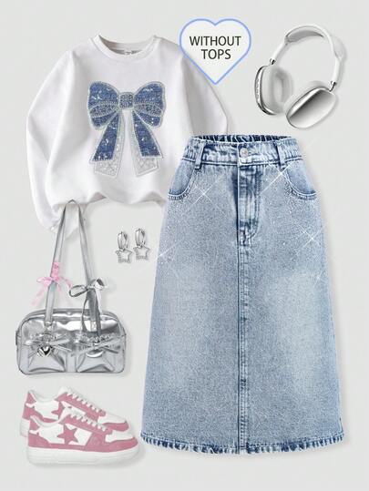 Sparklyn 少女浅蓝色七分松紧腰+拉链+水钻装饰A字牛仔裙，1件装。新品上市，复古休闲舒适，日常、街头风、旅行、校园必备！