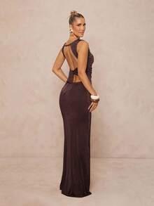 Lumalex Elastic Criss-Cross Ruched Boat Neck Dress - Brown - View 6