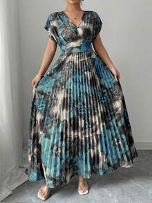 Elenzga Plus Size Women's Vacation Elegant Print Pleated Shirred A-Line Drop-Shoulder Short Sleeve Maxi Dress