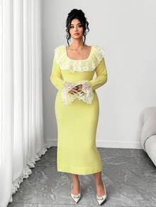 Elenzga Women's Elegant Lace Trim Long Sleeve Loose Fit Flattering Plus Size Sweater Dress, Outerwear, Women's Winter Dress - Yellow - View 3