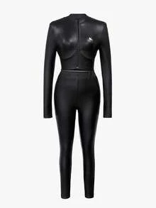 INAWLY B268: Women 2-Piece Set - Embroidered Top & Pants, Black & Gray - Black - View 3