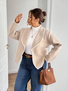 Lounesse 女士大码通勤休闲犬牙撞色披肩领收腰西装外套（秋冬款） - 駝色 - 查看 4