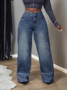 SHEIN Tall 女式纯色休闲牛仔裤 - 深色水洗藍 - 查看 6