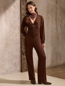 Wildy 美式乡村风休闲V领连帽棕色连体裤 - 棕色 - 查看 4
