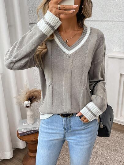 EMERY ROSE Women's Striped Casual Regular V-Neck Long Sleeve Sweater, Autumn/Winter