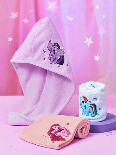 My Little Pony X SHEIN 1Pc Cute Cartoon Pony Embroidery Dry Hair Cap, Super Absorbent Dry Hair Cap, Suitable For Various Hair Quantities, Absorbent And Easy To Dry, Rainbow, Twilight Sparkle/Rainbow Dash/Pinkie Pie,Gift Ideas Hair Drying Towel Wrap