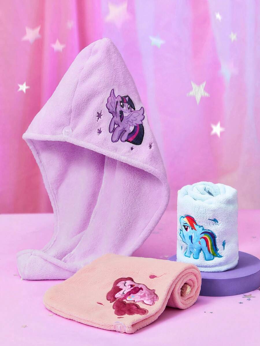 My Little Pony X SHEIN 1 Mũ trùm tóc khô thêu hình ngựa con hoạt hình dễ thương, Mũ trùm tóc khô siêu thấm hút, Phù hợp với nhiều loại tóc, Thấm hút và dễ khô, Cầu vồng, Lấp lánh/Cầu vồng Dash/Pinkie Pie, Ý tưởng quà tặng Khăn quấn sấy tóc - Nhiều màu - Xem 1