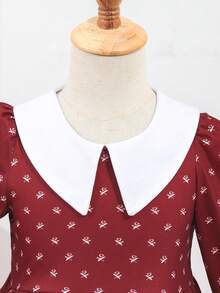 Vestido lindo con mangas abullonadas y estampado floral pequeño para niña - Burdeos - Ver 3