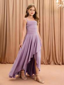 Tween Girls' Elegant Fashion Luxurious Spaghetti Strap Criss-Cross Shoulder Sleeveless High Waist Cinched Waist Flared Hem Long Asymmetrical Hem Design Solid Satin Shiny Fabric High-End Christmas, Graduation, Party, Halloween Dress - Purple - View 7