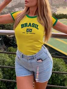 INAWLY Plus Size Color Block Round Neck T-Shirt With Flag And Letter Print, Short Sleeve, Summer Graphic Tees Women Tops,Brazil-Inspired Graphic Tee - Yellow - View 1